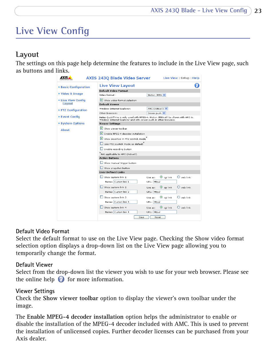 Live view config, Layout | Axis Communications Video Server 243Q Blade User Manual | Page 23 / 72