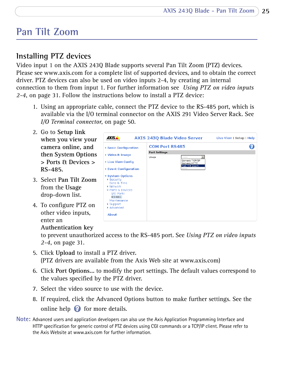 Pan tilt zoom, Installing ptz devices | Axis Communications Video Server 243Q Blade User Manual | Page 25 / 72