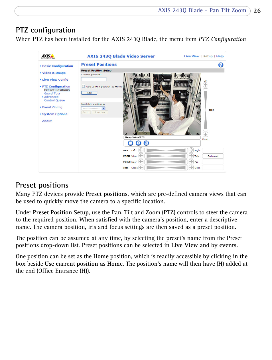 Ptz configuration, Preset positions | Axis Communications Video Server 243Q Blade User Manual | Page 26 / 72