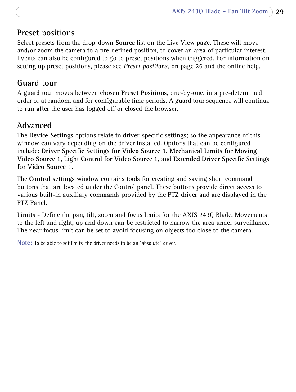 Preset positions, Guard tour, Advanced | Axis Communications Video Server 243Q Blade User Manual | Page 29 / 72