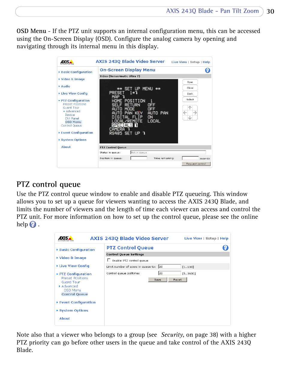 Ptz control queue | Axis Communications Video Server 243Q Blade User Manual | Page 30 / 72