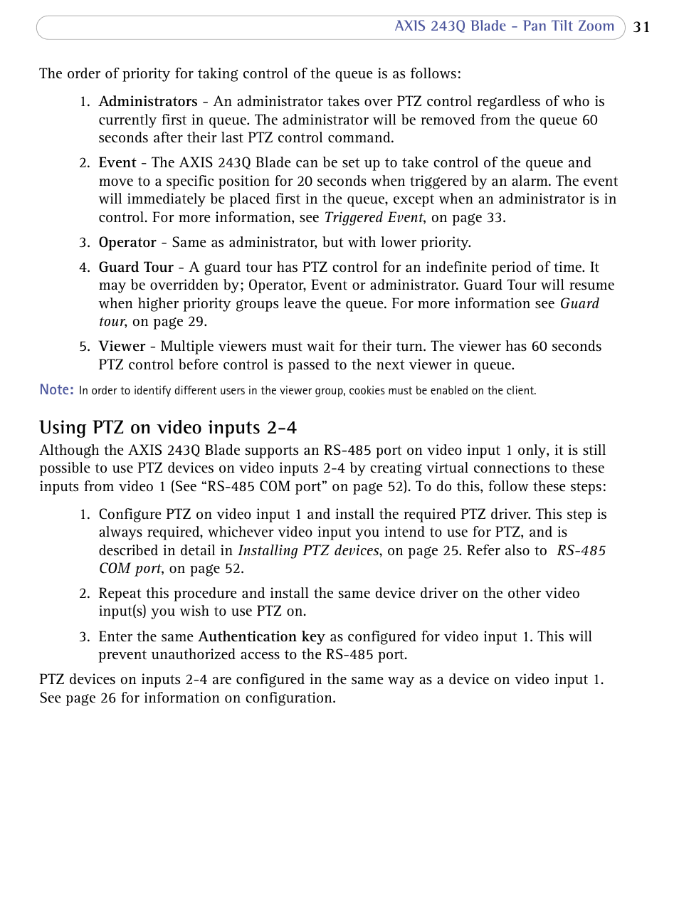 Using ptz on video inputs 2-4, Using ptz on video inputs | Axis Communications Video Server 243Q Blade User Manual | Page 31 / 72