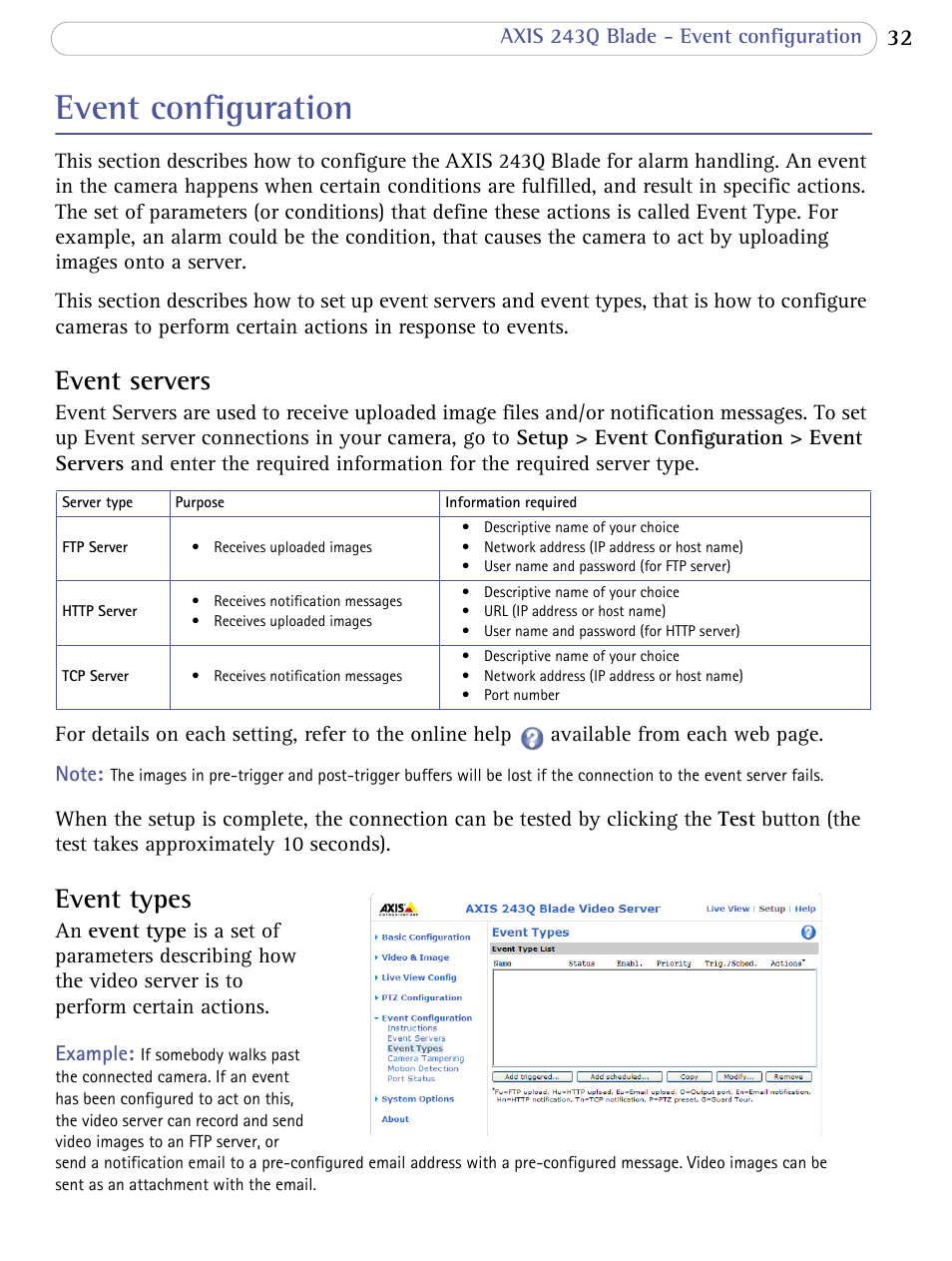 Event configuration, Event servers, Event types | Axis Communications Video Server 243Q Blade User Manual | Page 32 / 72
