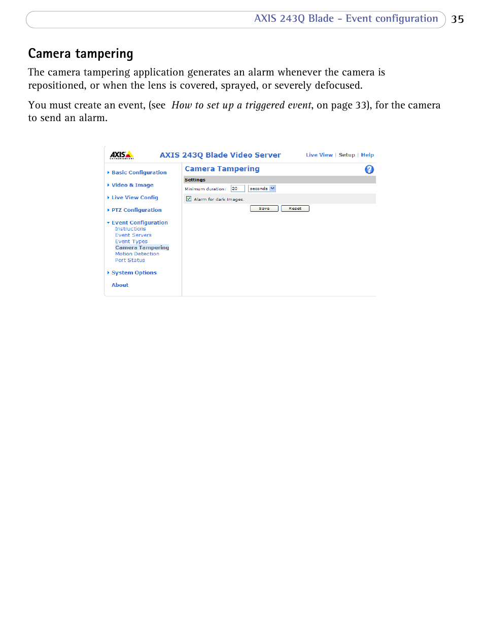 Camera tampering | Axis Communications Video Server 243Q Blade User Manual | Page 35 / 72