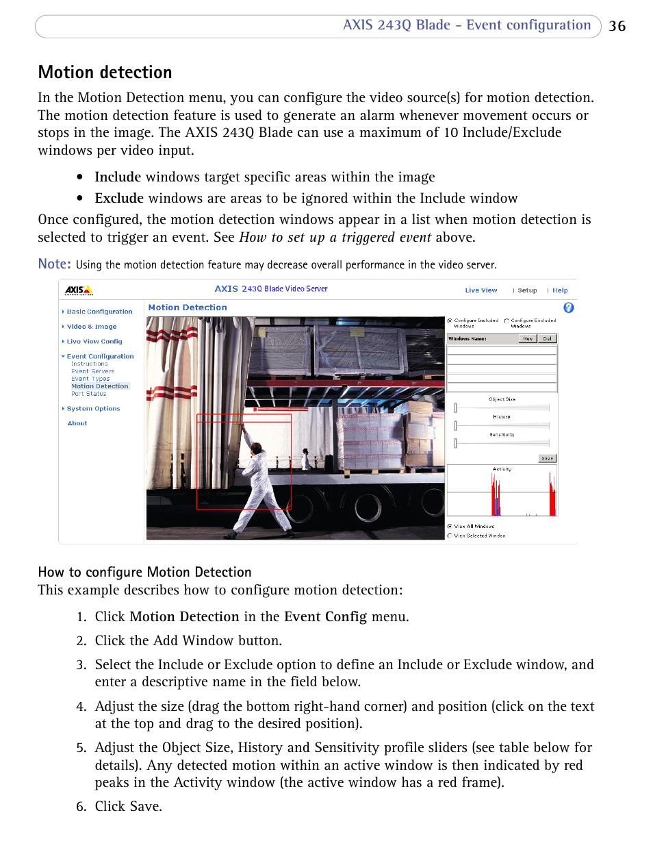 Motion detection | Axis Communications Video Server 243Q Blade User Manual | Page 36 / 72