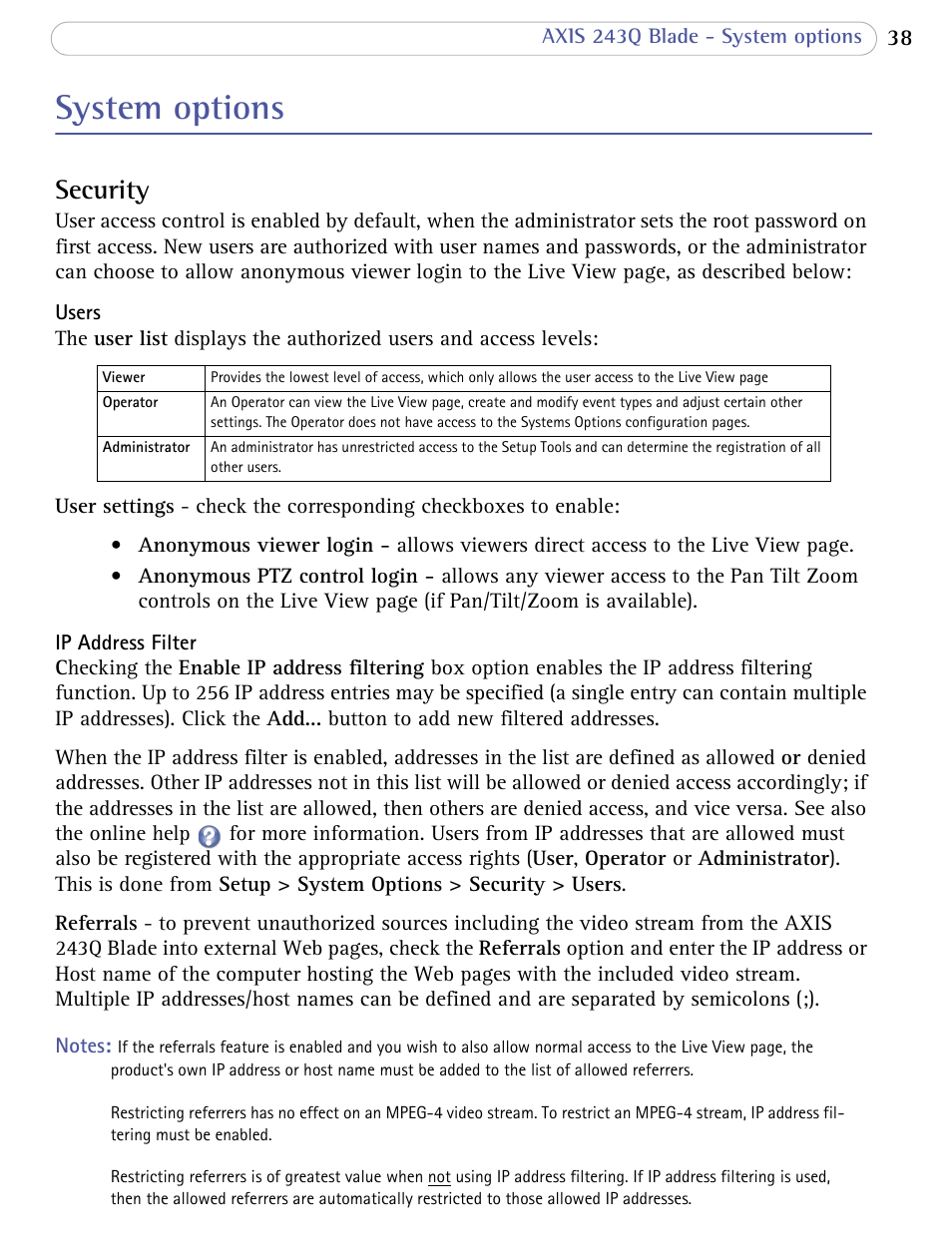 System options, Security | Axis Communications Video Server 243Q Blade User Manual | Page 38 / 72