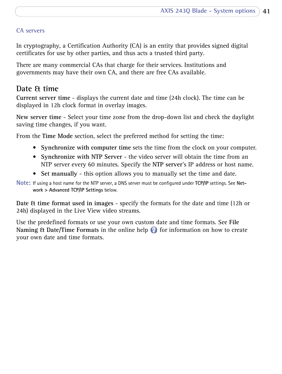 Date & time | Axis Communications Video Server 243Q Blade User Manual | Page 41 / 72