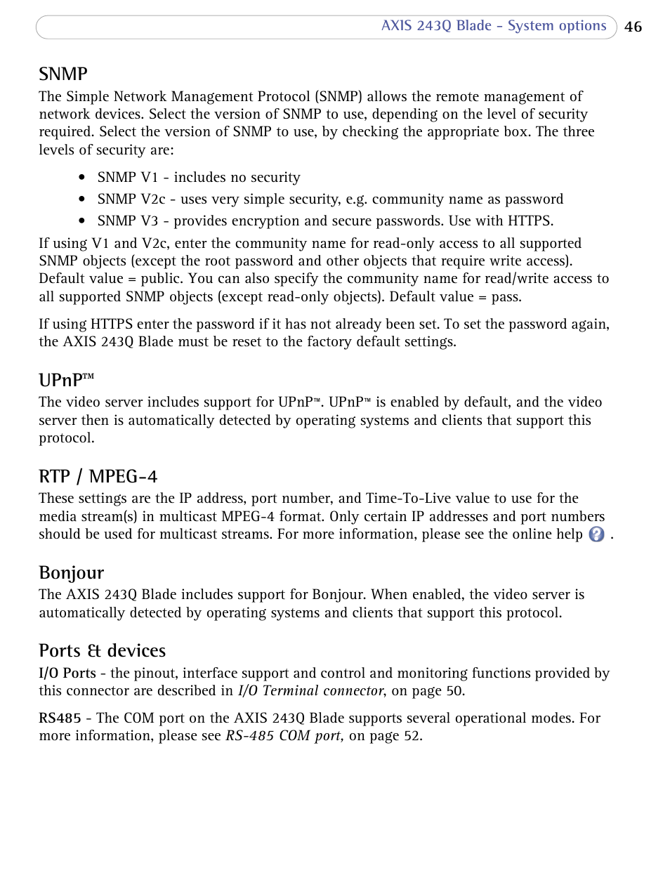 Snmp, Upnp, Rtp / mpeg-4 | Bonjour, Ports & devices | Axis Communications Video Server 243Q Blade User Manual | Page 46 / 72