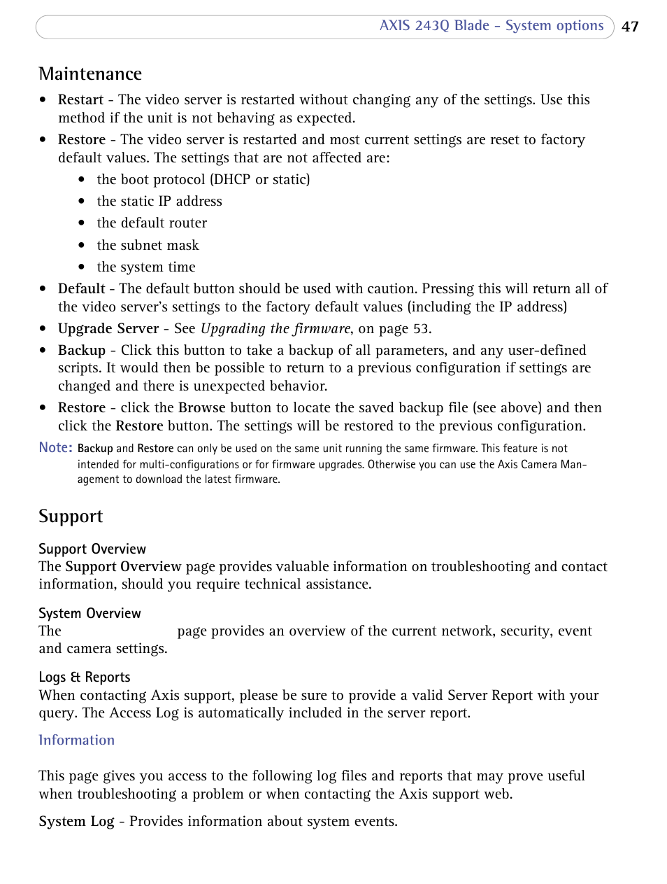 Maintenance, Support | Axis Communications Video Server 243Q Blade User Manual | Page 47 / 72
