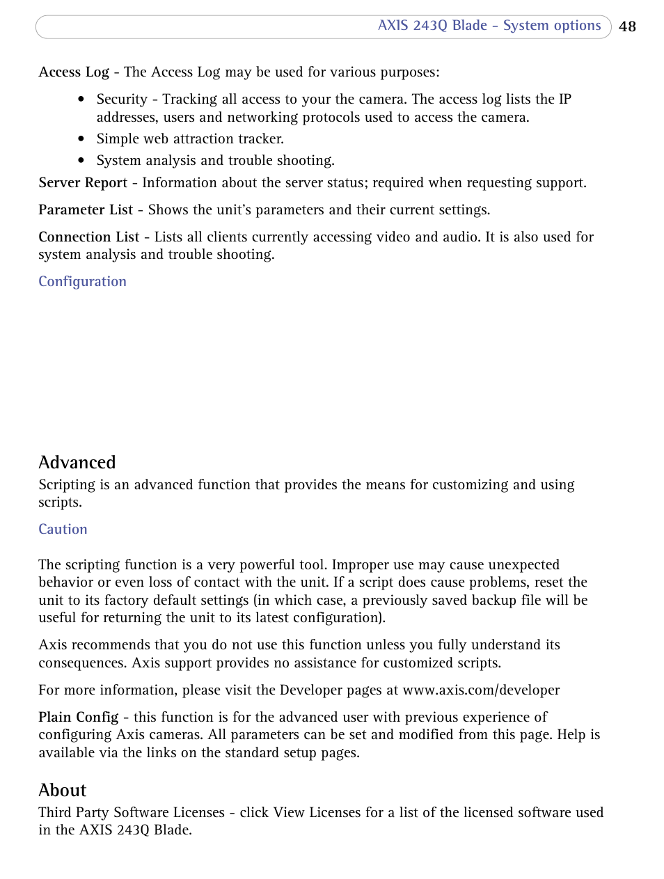 Advanced, About | Axis Communications Video Server 243Q Blade User Manual | Page 48 / 72