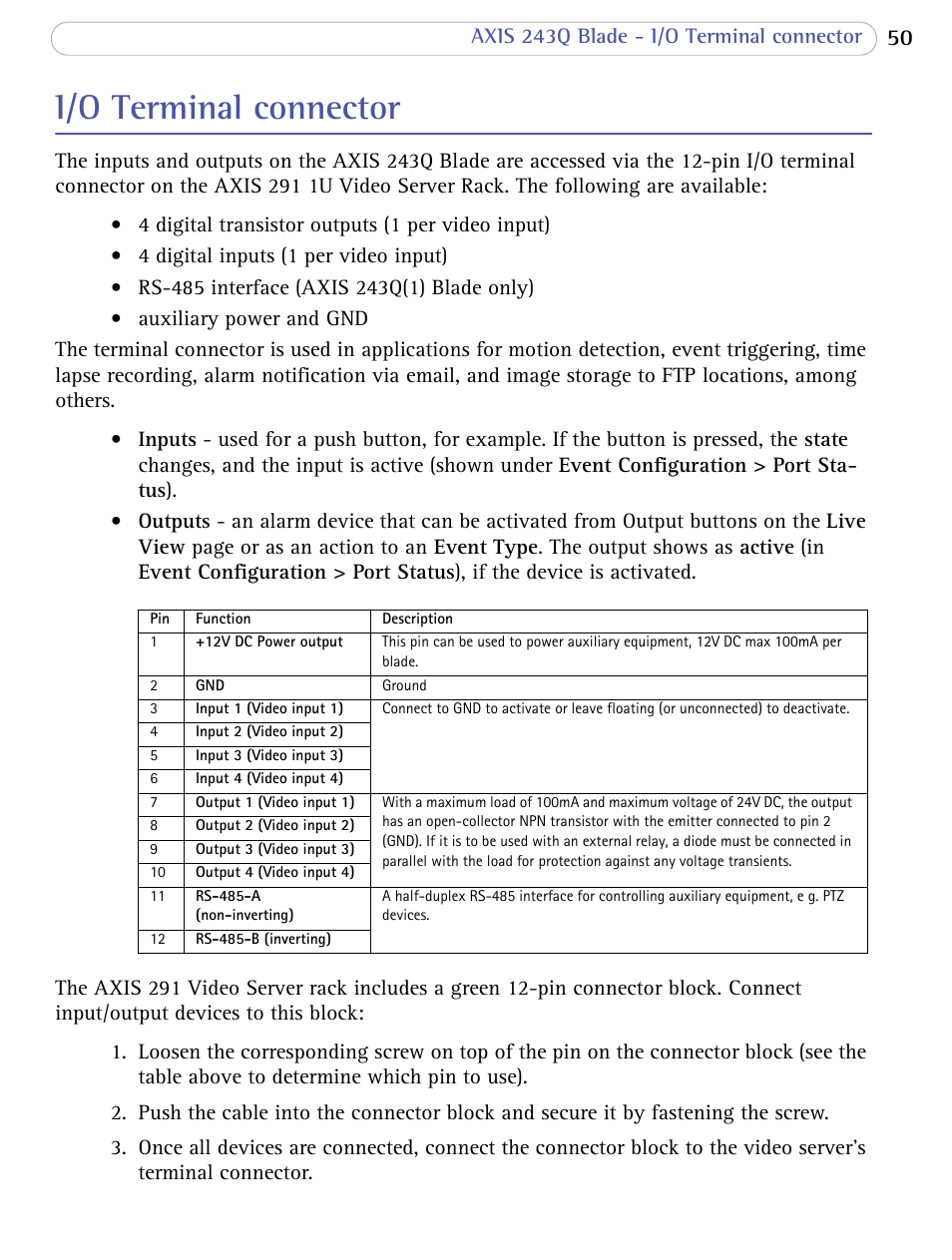 I/o terminal connector | Axis Communications Video Server 243Q Blade User Manual | Page 50 / 72