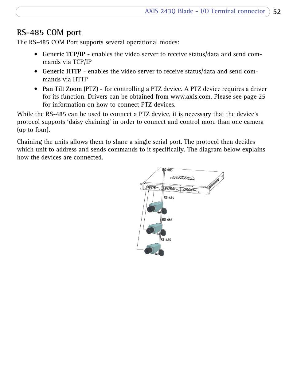 Rs-485 com port | Axis Communications Video Server 243Q Blade User Manual | Page 52 / 72