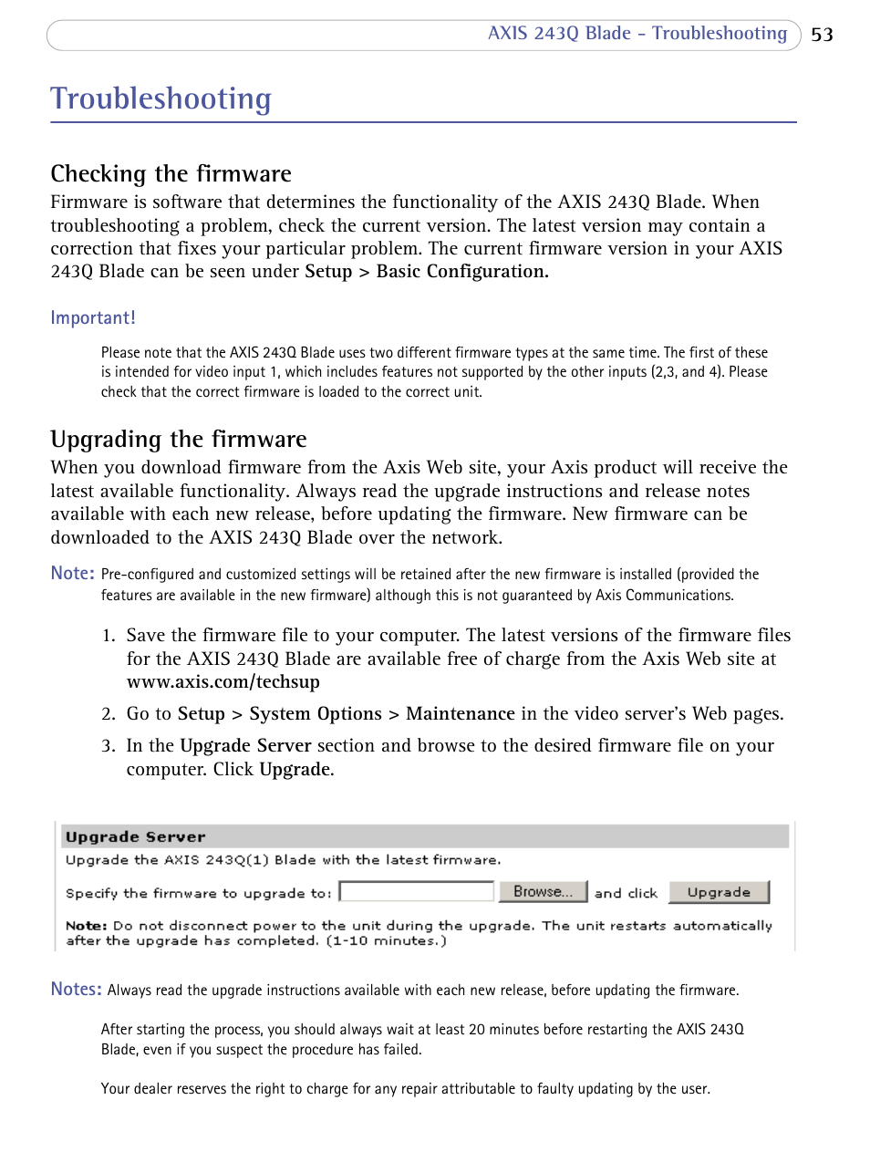 Troubleshooting, Checking the firmware, Upgrading the firmware | Axis Communications Video Server 243Q Blade User Manual | Page 53 / 72