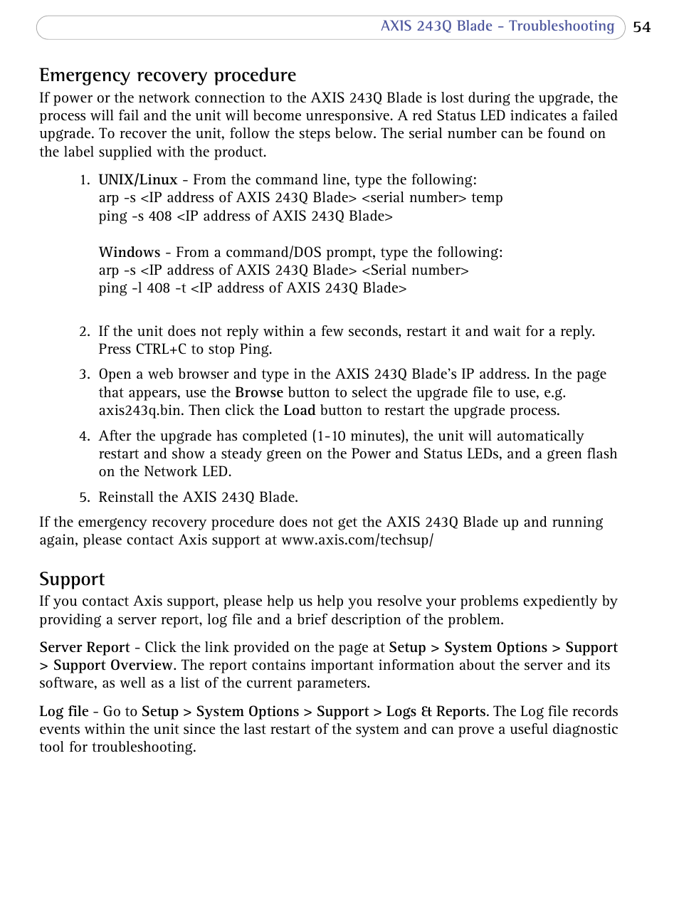 Support, Emergency recovery procedure | Axis Communications Video Server 243Q Blade User Manual | Page 54 / 72