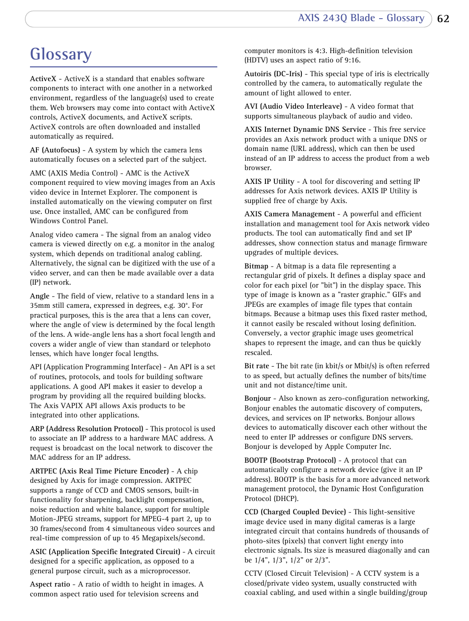 Glossary | Axis Communications Video Server 243Q Blade User Manual | Page 62 / 72