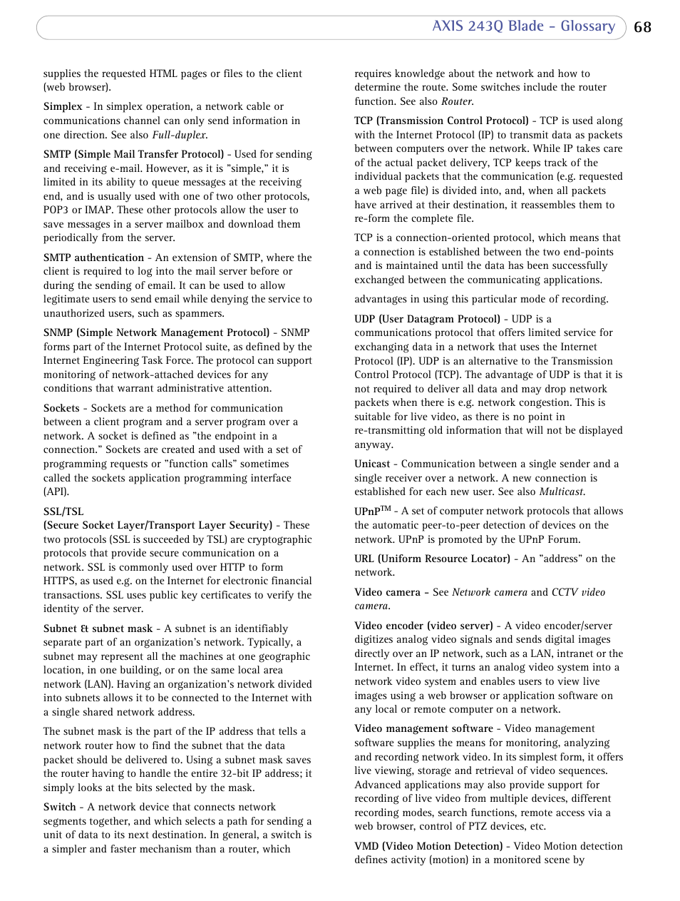 Axis 243q blade - glossary | Axis Communications Video Server 243Q Blade User Manual | Page 68 / 72