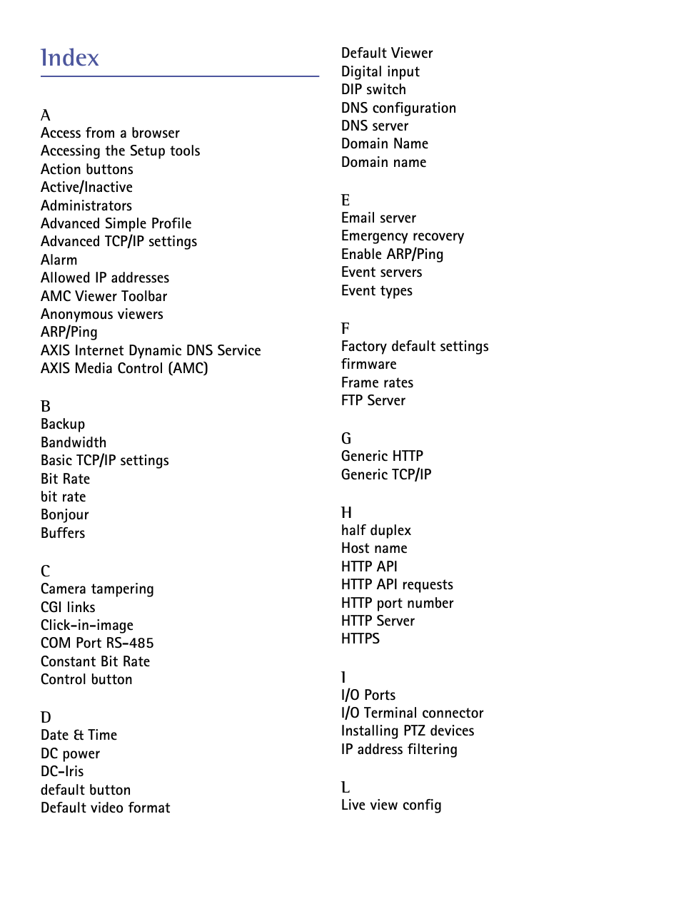 Index | Axis Communications Video Server 243Q Blade User Manual | Page 70 / 72