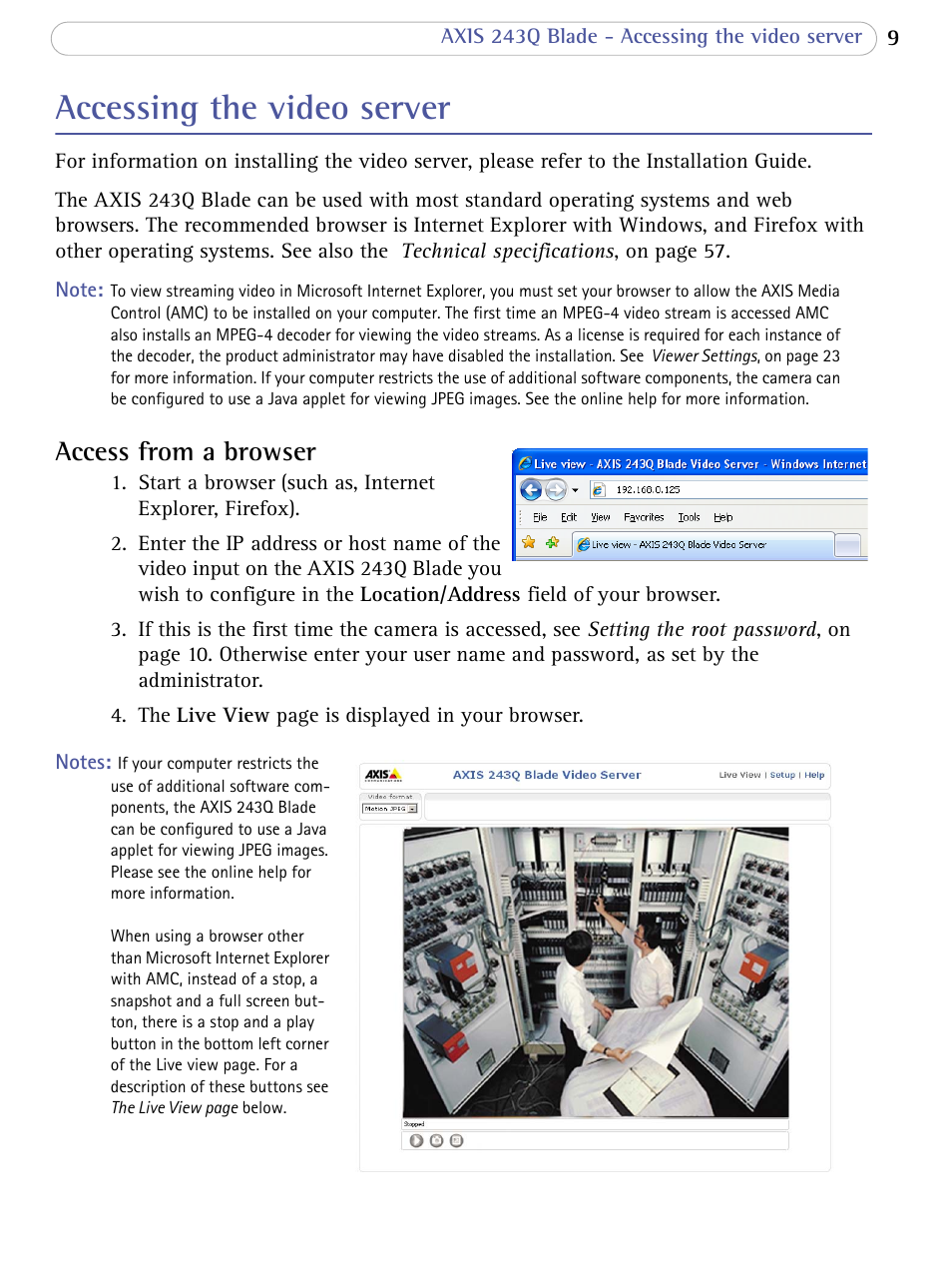 Accessing the video server, Access from a browser | Axis Communications Video Server 243Q Blade User Manual | Page 9 / 72
