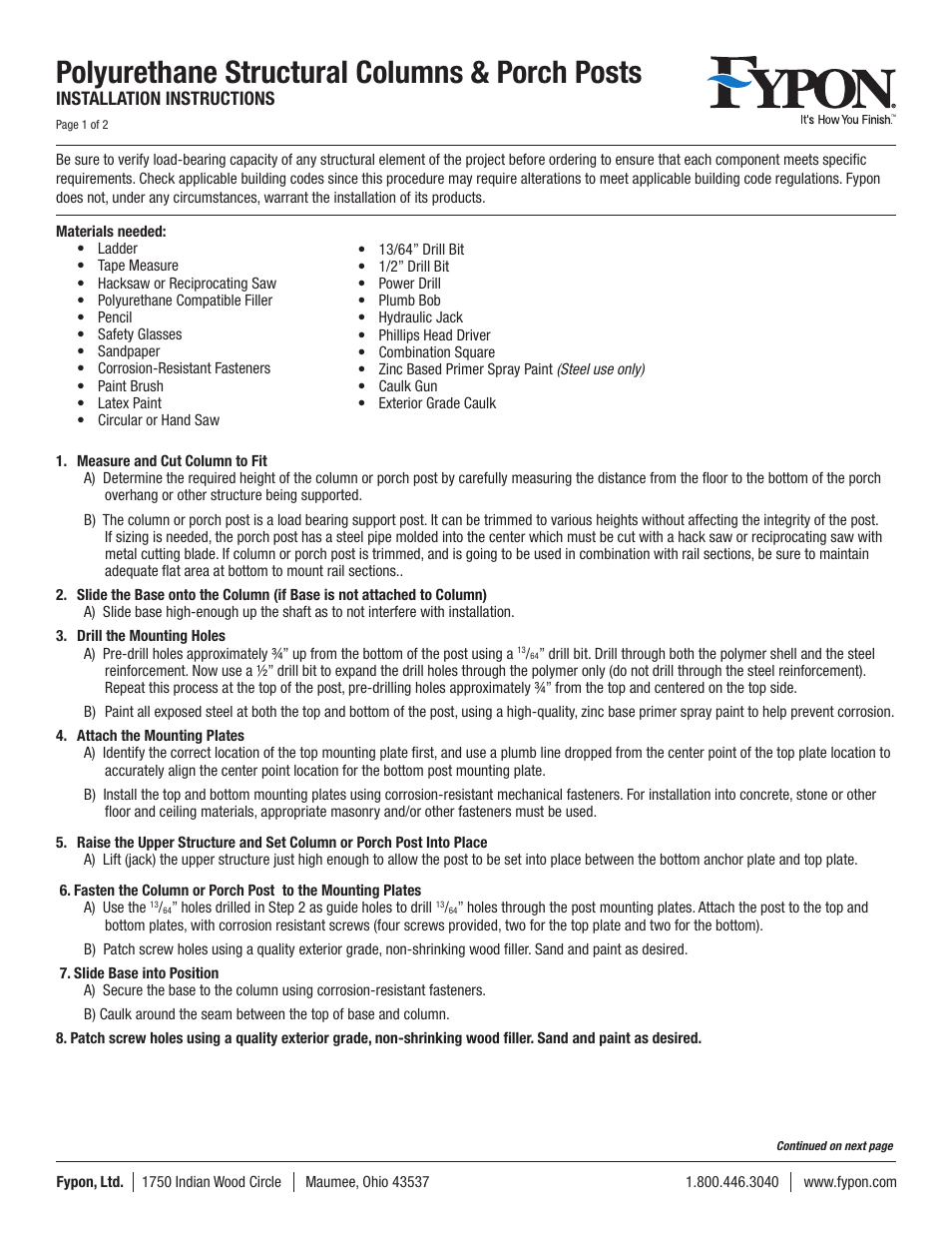 Fypon Structural Columns & Porch Posts User Manual | 2 pages