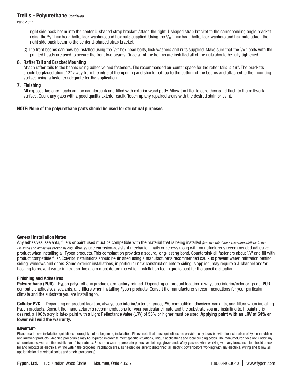 Trellis - polyurethane | Fypon Trellis – Polyurethane User Manual | Page 2 / 2