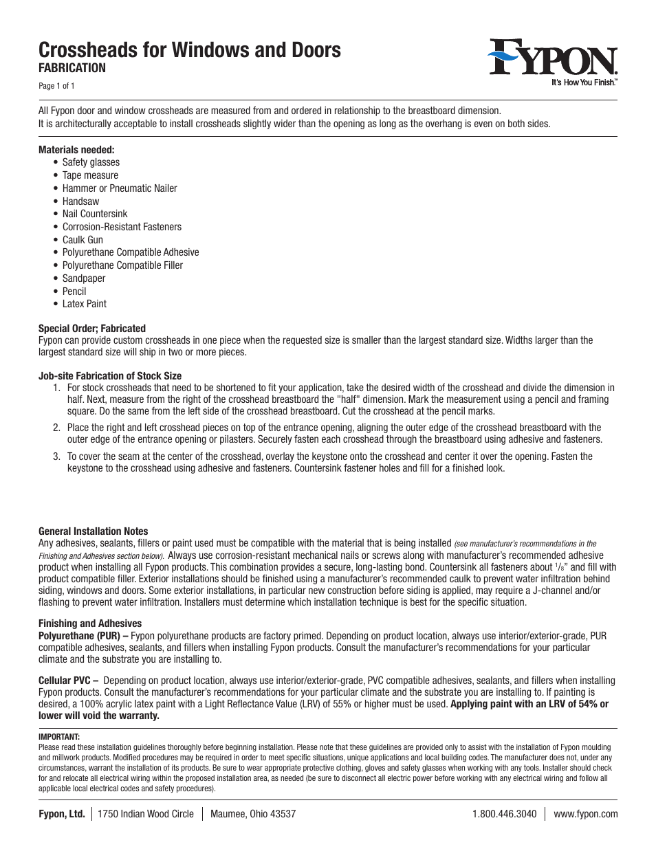 Fypon Crossheads for Windows & Doors User Manual | 1 page