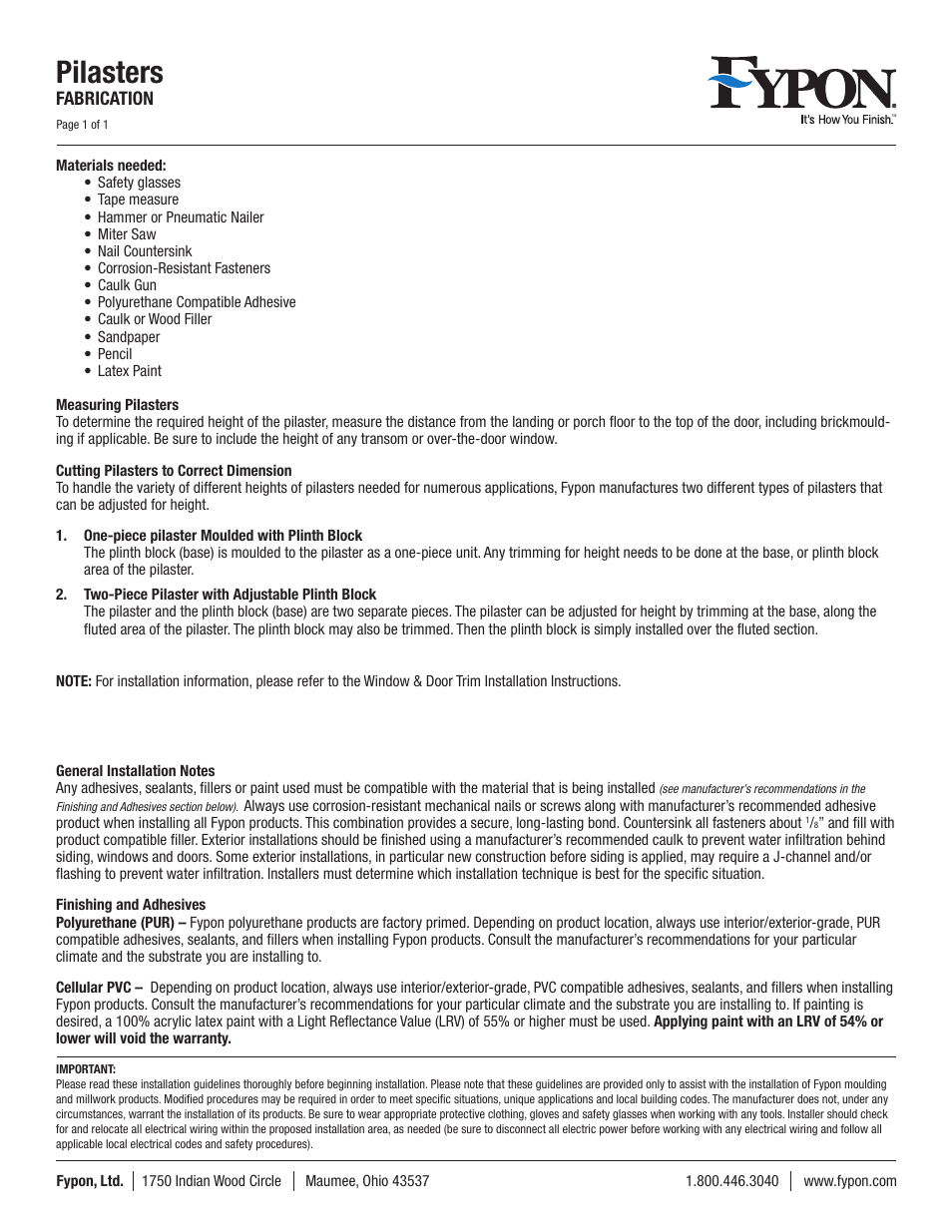 Fypon Pilasters User Manual | 1 page