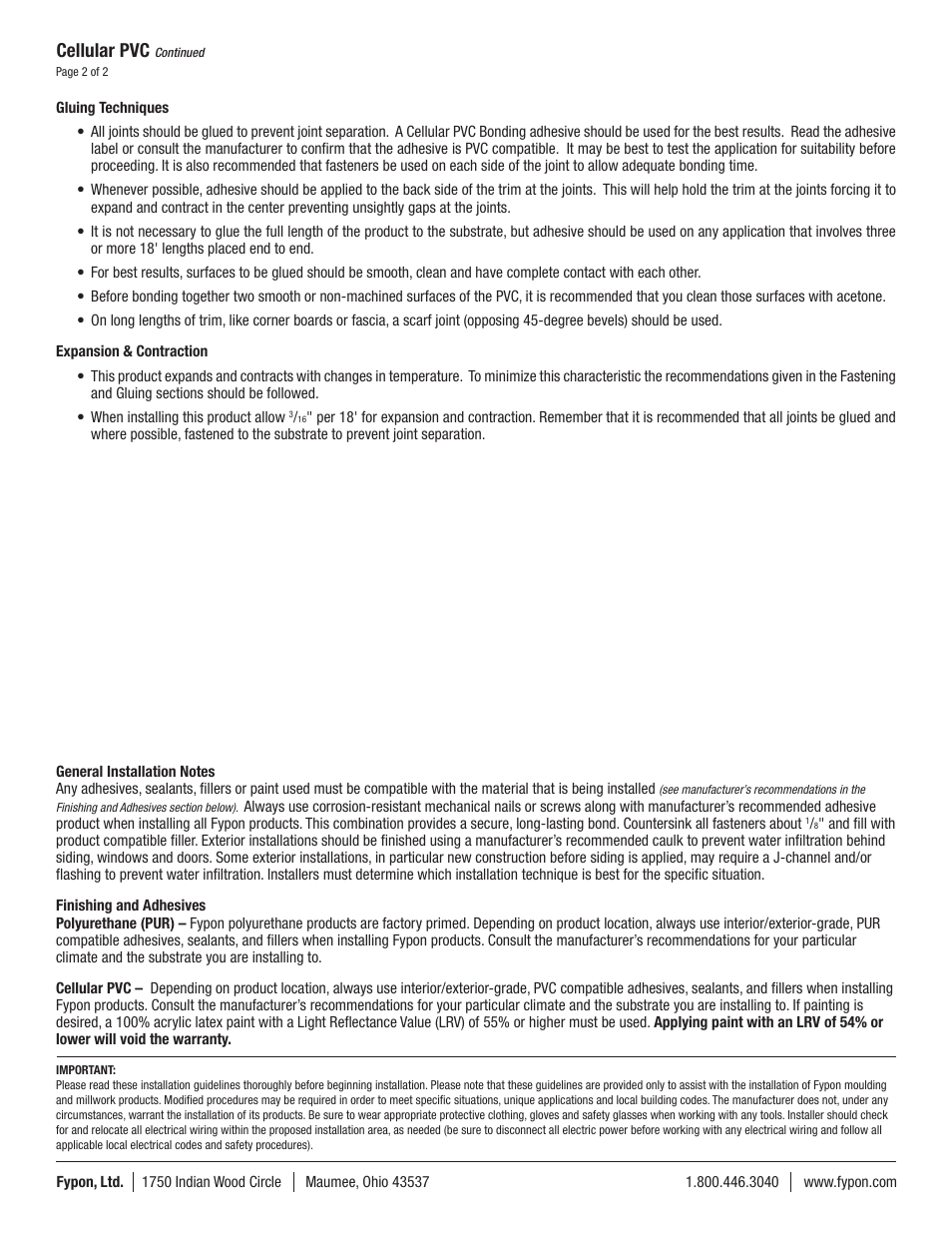 Cellular pvc | Fypon Cellular PVC User Manual | Page 2 / 2