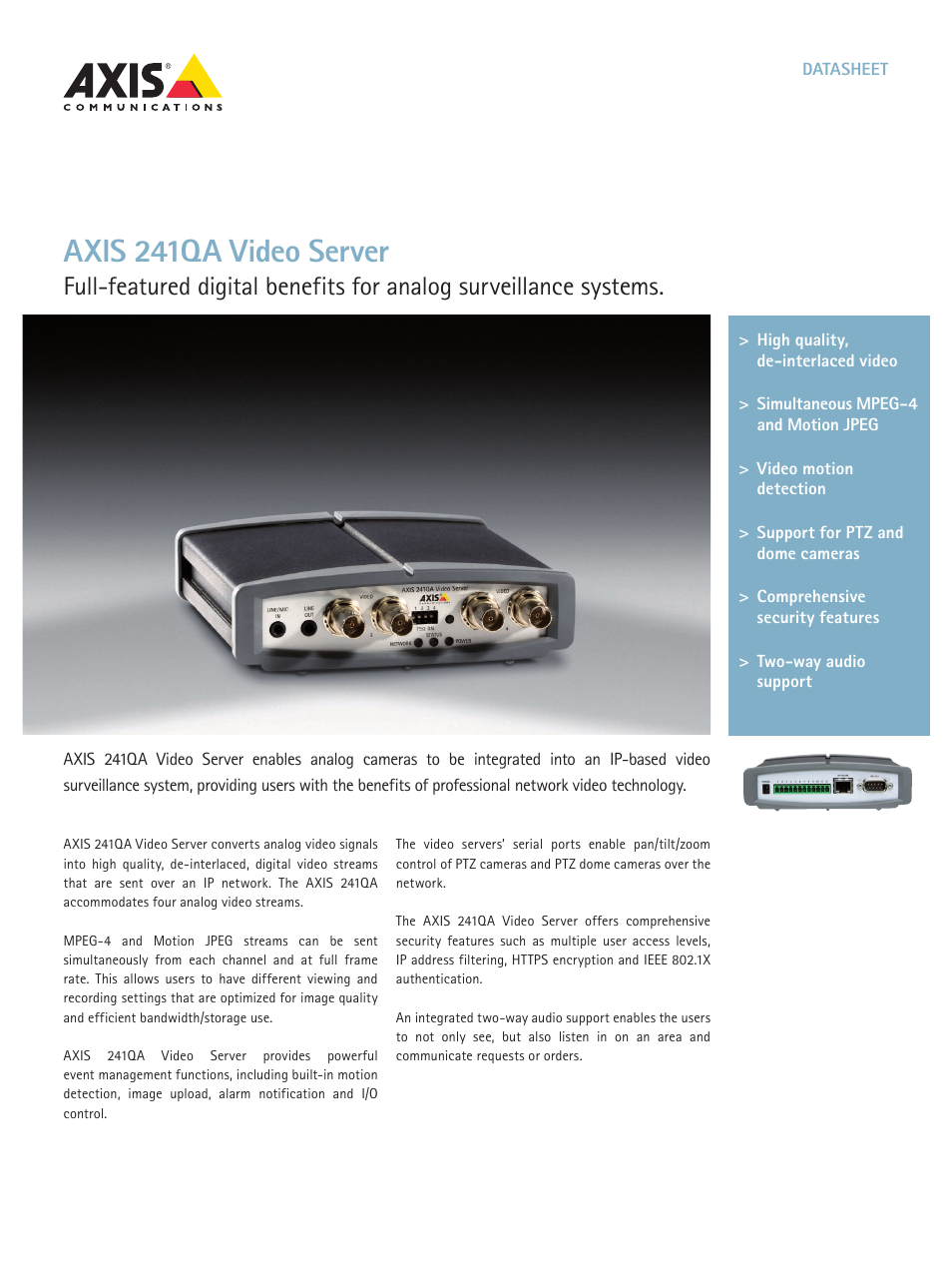 Axis Communications Video Server AXIS 241QA User Manual | 2 pages