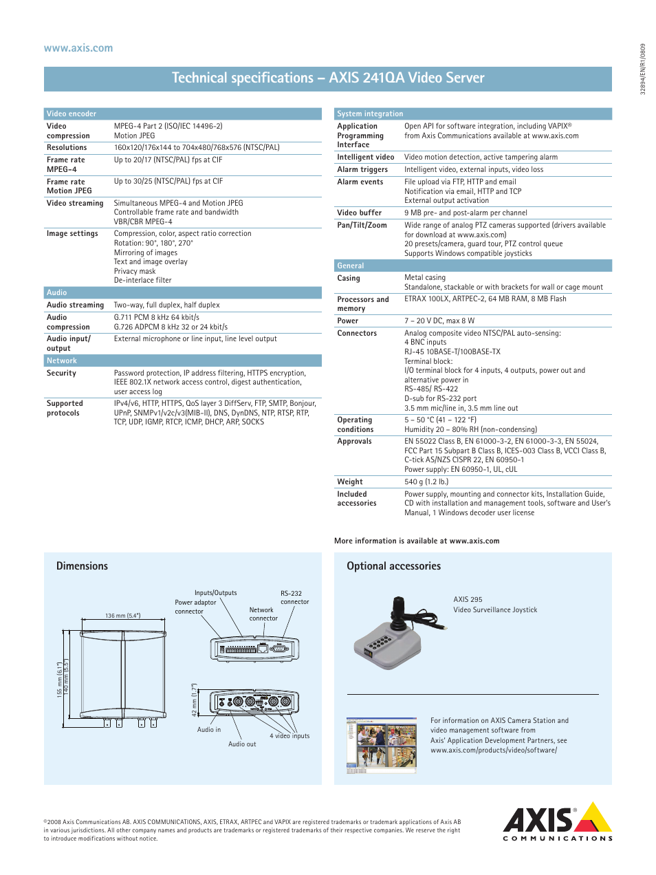 Technical specifications – axis 241qa video server, Dimensions, Optional accessories | Axis Communications Video Server AXIS 241QA User Manual | Page 2 / 2