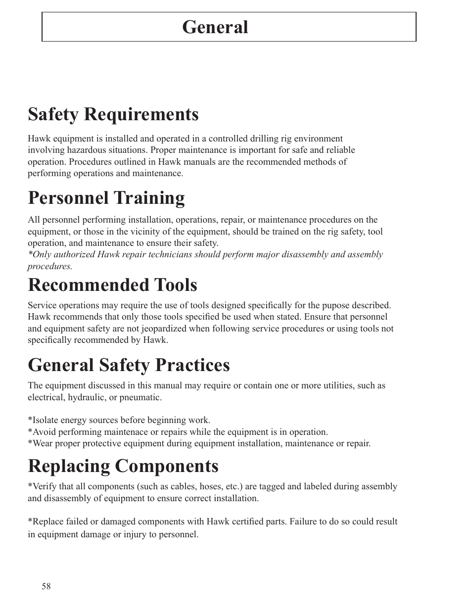 Replacing components, Recommended tools, Personnel training | Safety requirements, General safety practices, General | Hawk Industries T-Wrex Sr. Manual Serial Numbers 106 to 107 User Manual | Page 58 / 77