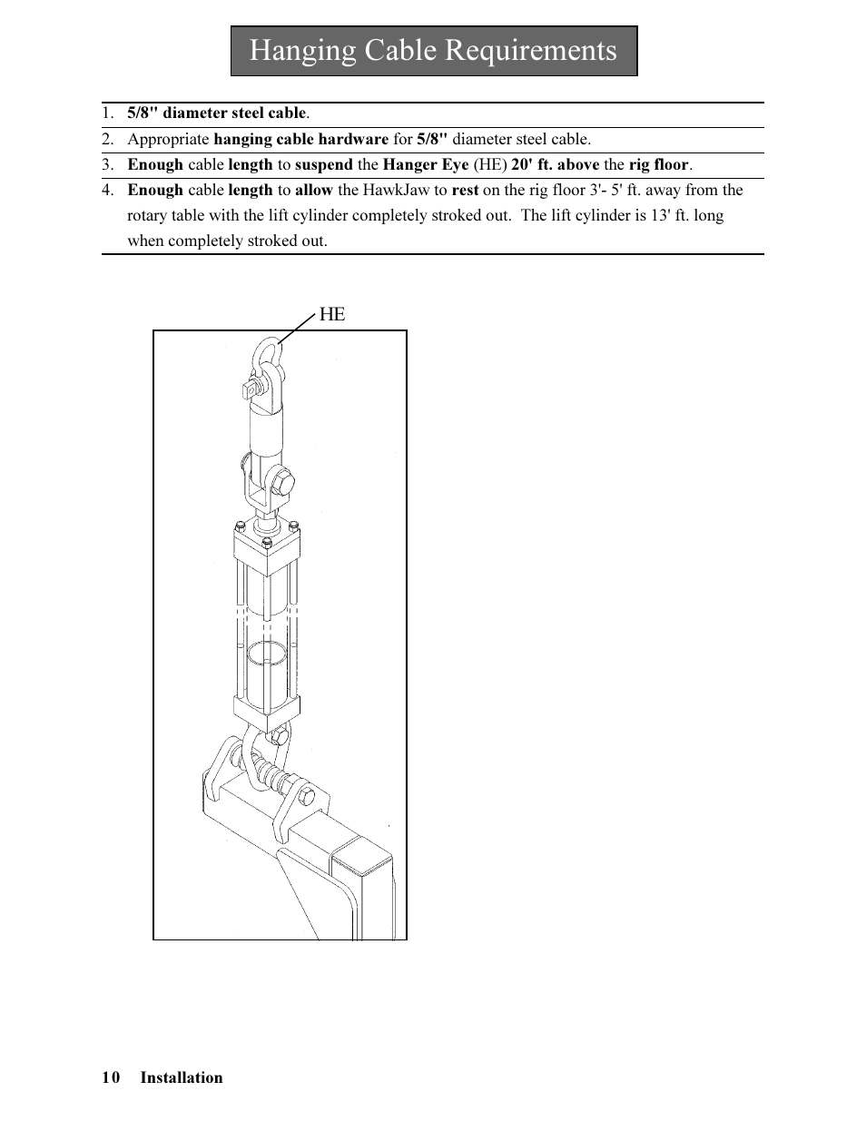 Hanging cable requirements | Hawk Industries Hawkjaw Jr. Manual 65K-ALS Serial Numbers 4 to 9 User Manual | Page 10 / 139