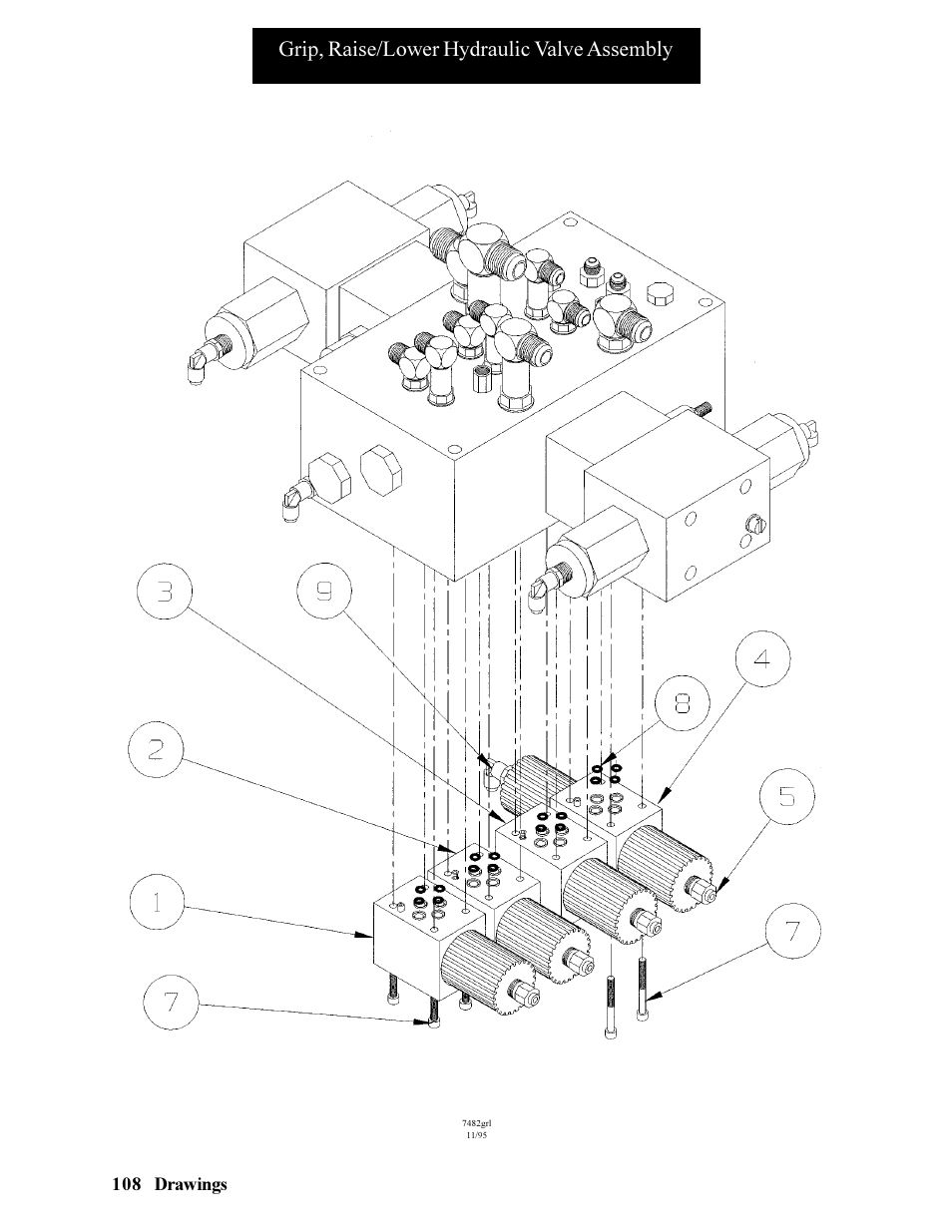 Grip, raise/lower hydraulic valve assembly, 108 drawings | Hawk Industries Hawkjaw Jr. Manual 65K-ALS Serial Numbers 4 to 9 User Manual | Page 108 / 139