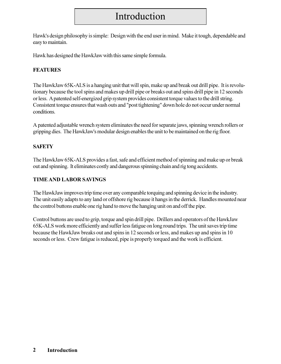 Introduction | Hawk Industries Hawkjaw Jr. Manual 65K-ALS Serial Numbers 4 to 9 User Manual | Page 2 / 139