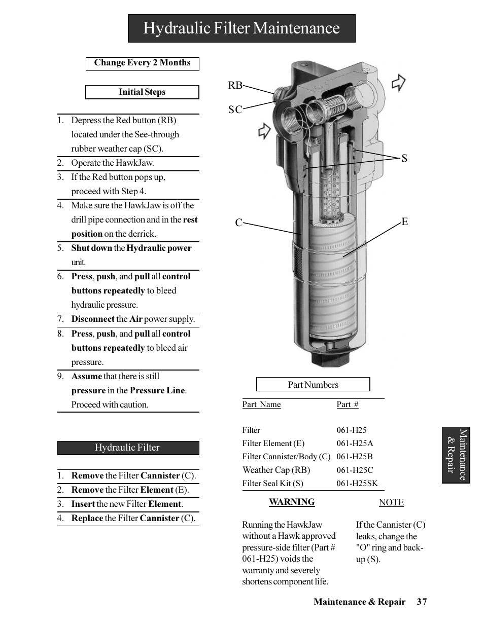 Hydraulic filter maintenance | Hawk Industries Hawkjaw Jr. Manual 65K-ALS Serial Numbers 4 to 9 User Manual | Page 37 / 139