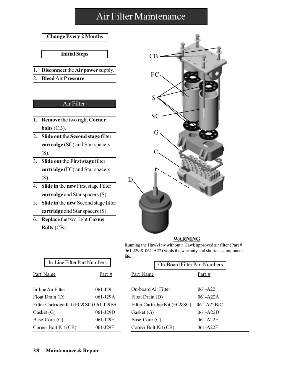 Air filter maintenance | Hawk Industries Hawkjaw Jr. Manual 65K-ALS Serial Numbers 4 to 9 User Manual | Page 38 / 139