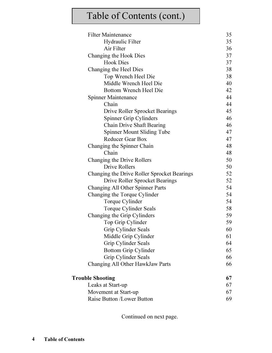 Table of contents (cont.) | Hawk Industries Hawkjaw Jr. Manual 65K-ALS Serial Numbers 4 to 9 User Manual | Page 4 / 139