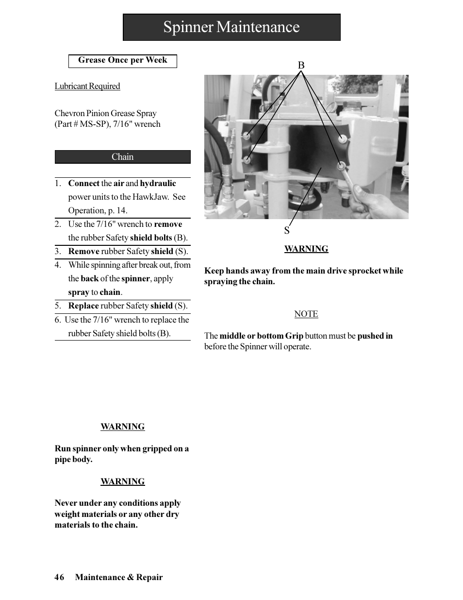 Spinner maintenance | Hawk Industries Hawkjaw Jr. Manual 65K-ALS Serial Numbers 4 to 9 User Manual | Page 46 / 139