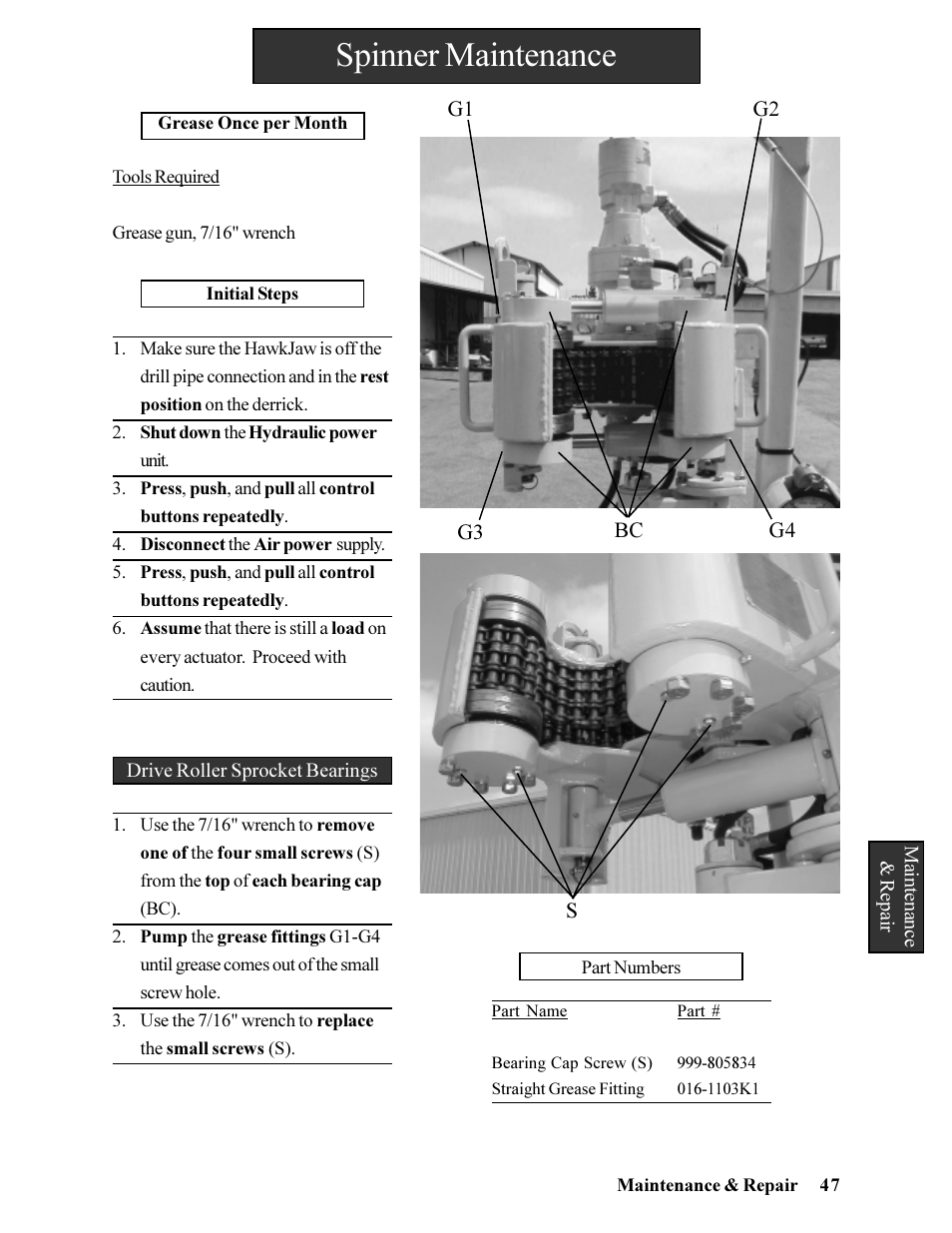 Spinner maintenance | Hawk Industries Hawkjaw Jr. Manual 65K-ALS Serial Numbers 4 to 9 User Manual | Page 47 / 139