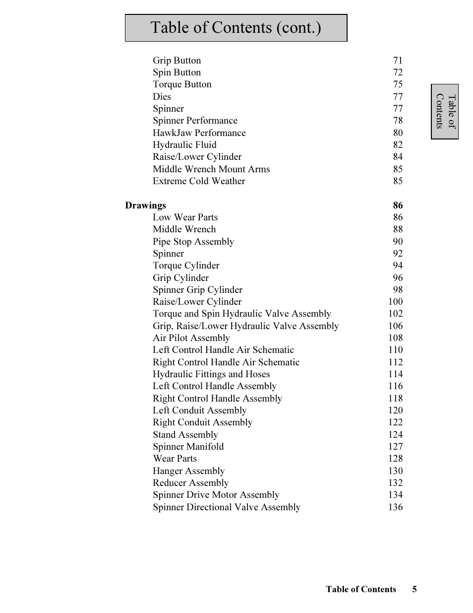 Table of contents (cont.) | Hawk Industries Hawkjaw Jr. Manual 65K-ALS Serial Numbers 4 to 9 User Manual | Page 5 / 139
