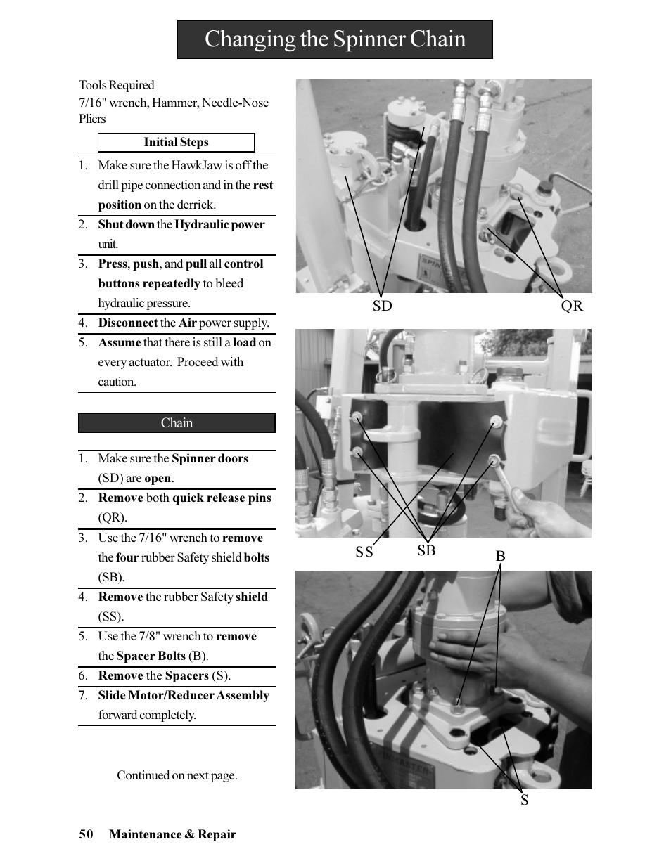 Changing the spinner chain | Hawk Industries Hawkjaw Jr. Manual 65K-ALS Serial Numbers 4 to 9 User Manual | Page 50 / 139