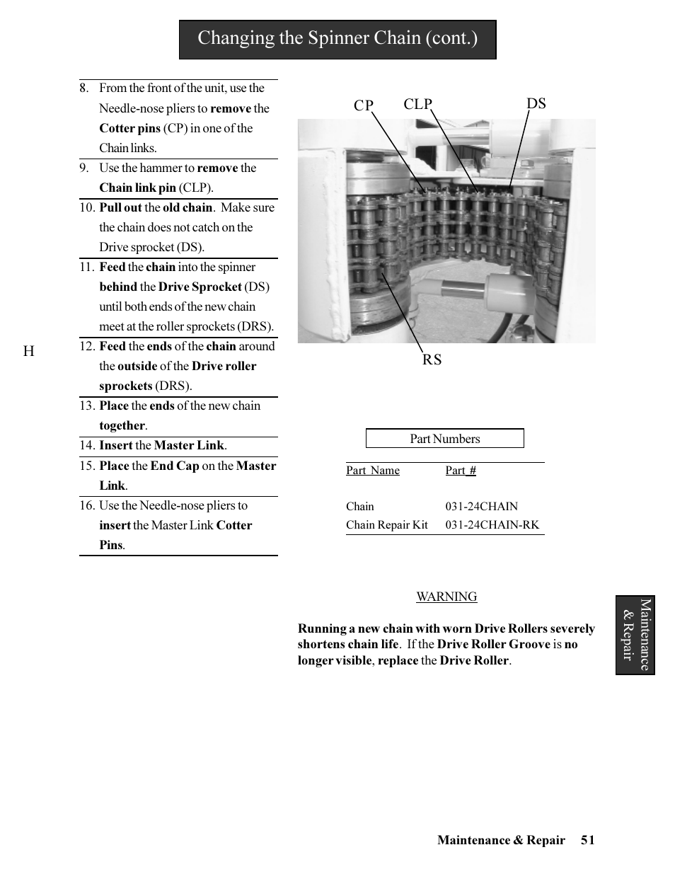 Changing the spinner chain (cont.) | Hawk Industries Hawkjaw Jr. Manual 65K-ALS Serial Numbers 4 to 9 User Manual | Page 51 / 139