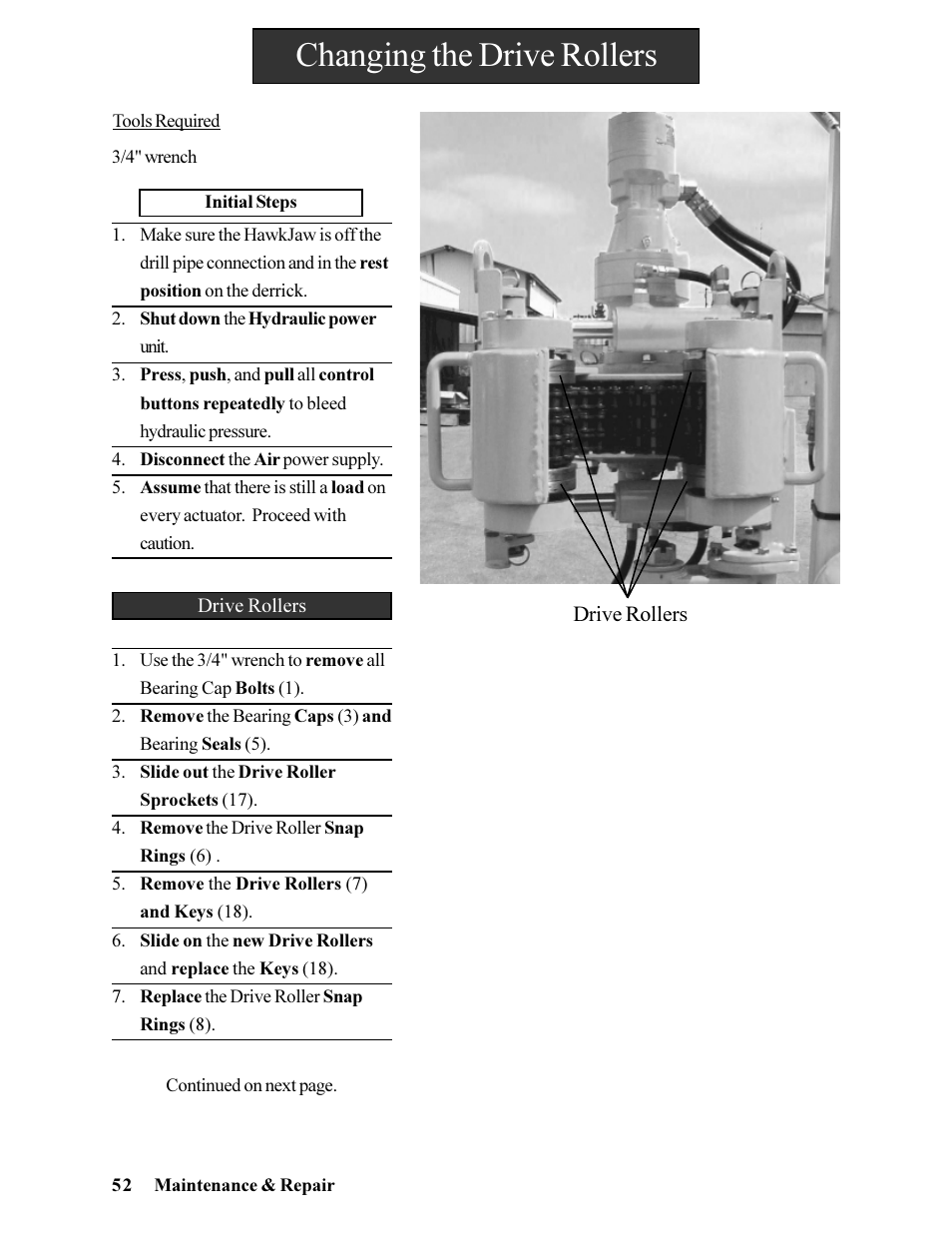 Changing the drive rollers | Hawk Industries Hawkjaw Jr. Manual 65K-ALS Serial Numbers 4 to 9 User Manual | Page 52 / 139