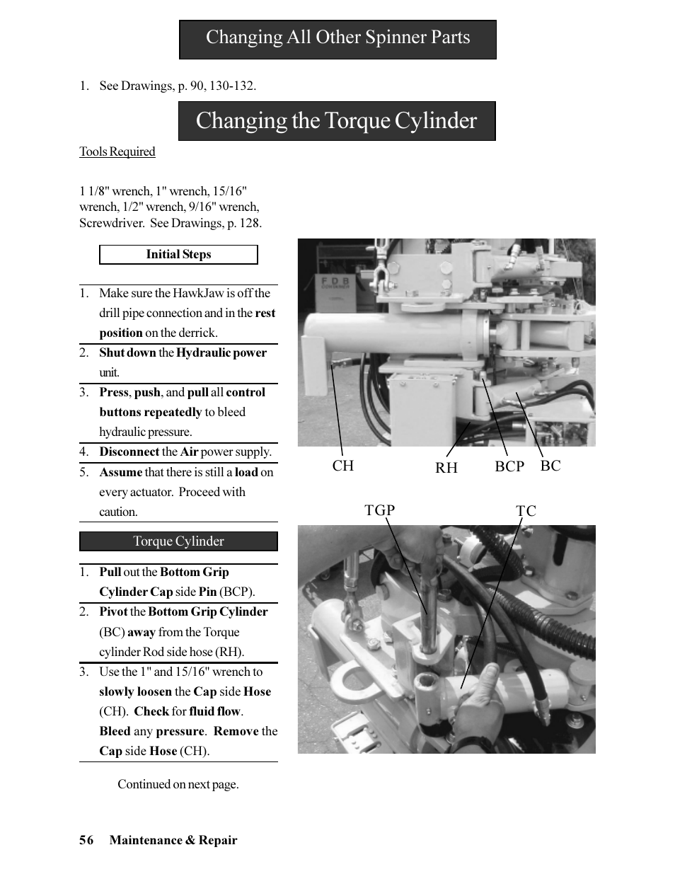 Changing the torque cylinder, Changing all other spinner parts | Hawk Industries Hawkjaw Jr. Manual 65K-ALS Serial Numbers 4 to 9 User Manual | Page 56 / 139