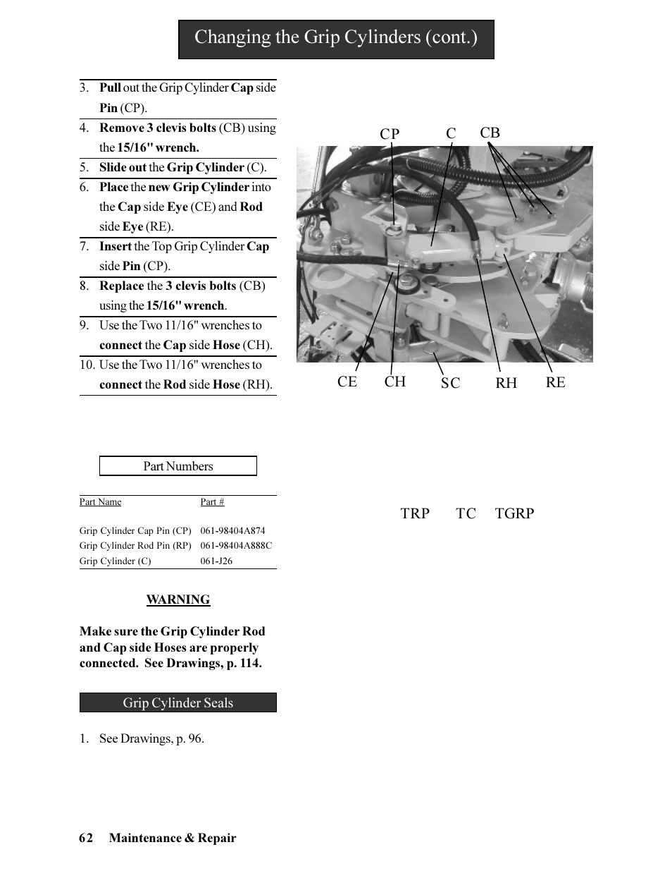 Changing the grip cylinders (cont.) | Hawk Industries Hawkjaw Jr. Manual 65K-ALS Serial Numbers 4 to 9 User Manual | Page 62 / 139