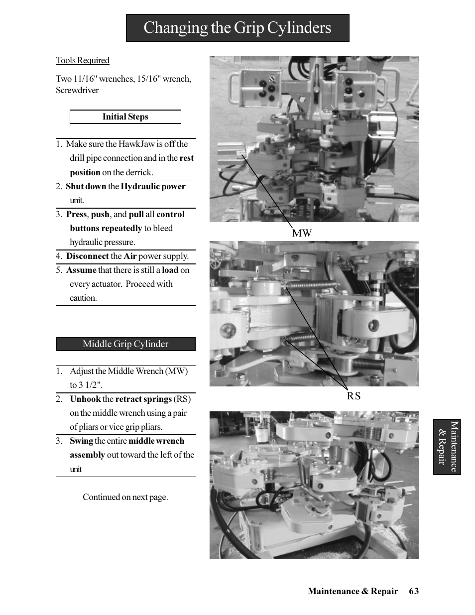 Changing the grip cylinders | Hawk Industries Hawkjaw Jr. Manual 65K-ALS Serial Numbers 4 to 9 User Manual | Page 63 / 139