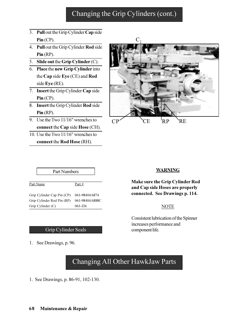 Changing the grip cylinders (cont.), Changing all other hawkjaw parts | Hawk Industries Hawkjaw Jr. Manual 65K-ALS Serial Numbers 4 to 9 User Manual | Page 68 / 139