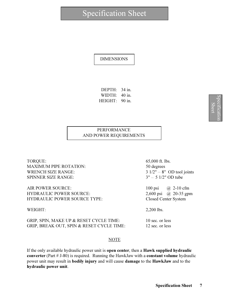 Specification sheet | Hawk Industries Hawkjaw Jr. Manual 65K-ALS Serial Numbers 4 to 9 User Manual | Page 7 / 139