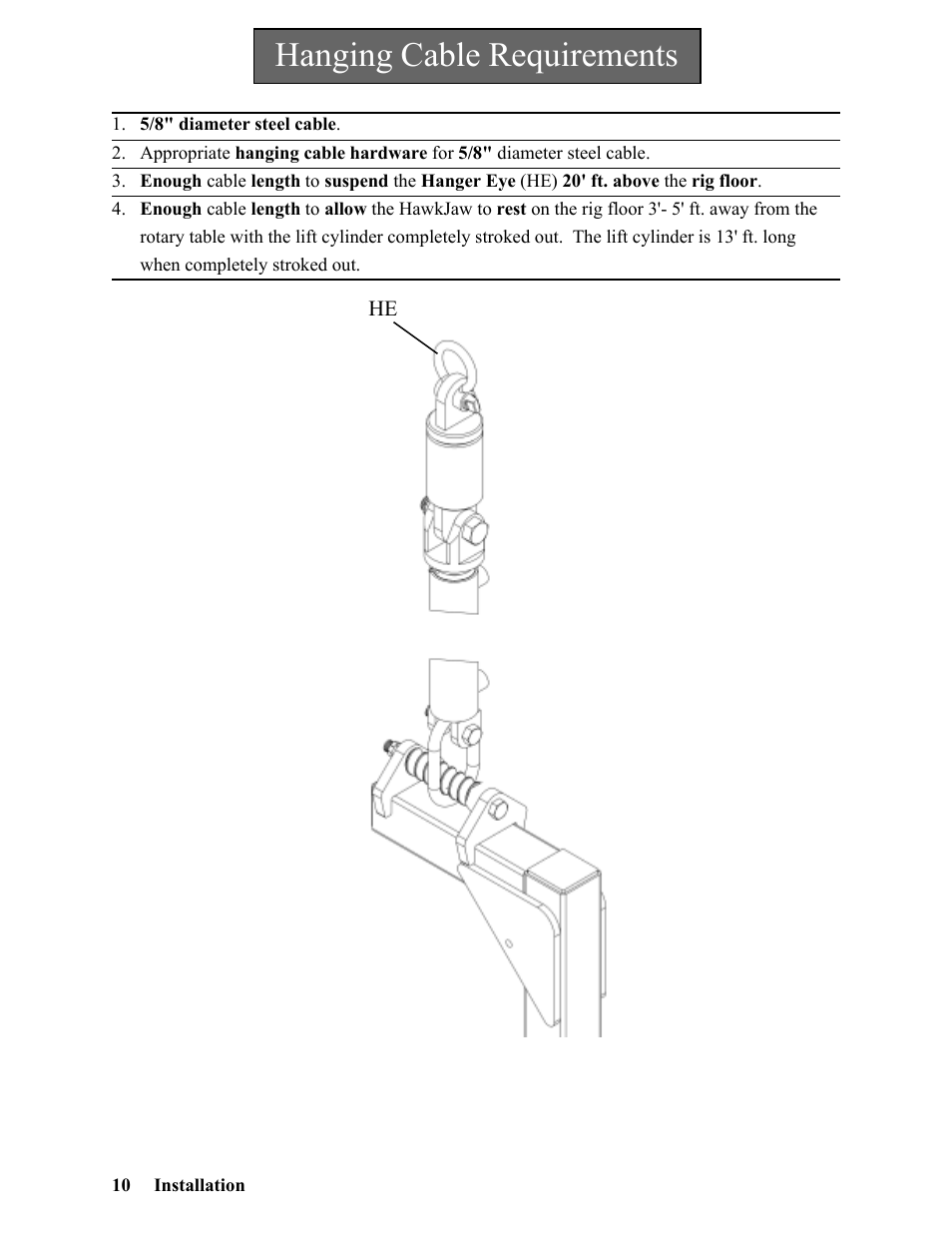 Hanging cable requirements | Hawk Industries Hawkjaw Jr. Manual 65K-2GJR Serial Numbers 21 to 32 User Manual | Page 10 / 147