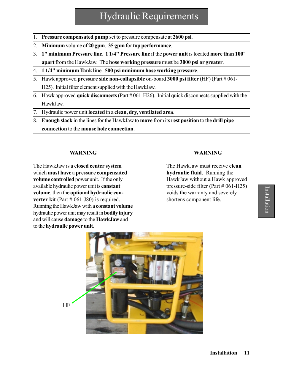 Hydraulic requirements | Hawk Industries Hawkjaw Jr. Manual 65K-2GJR Serial Numbers 21 to 32 User Manual | Page 11 / 147