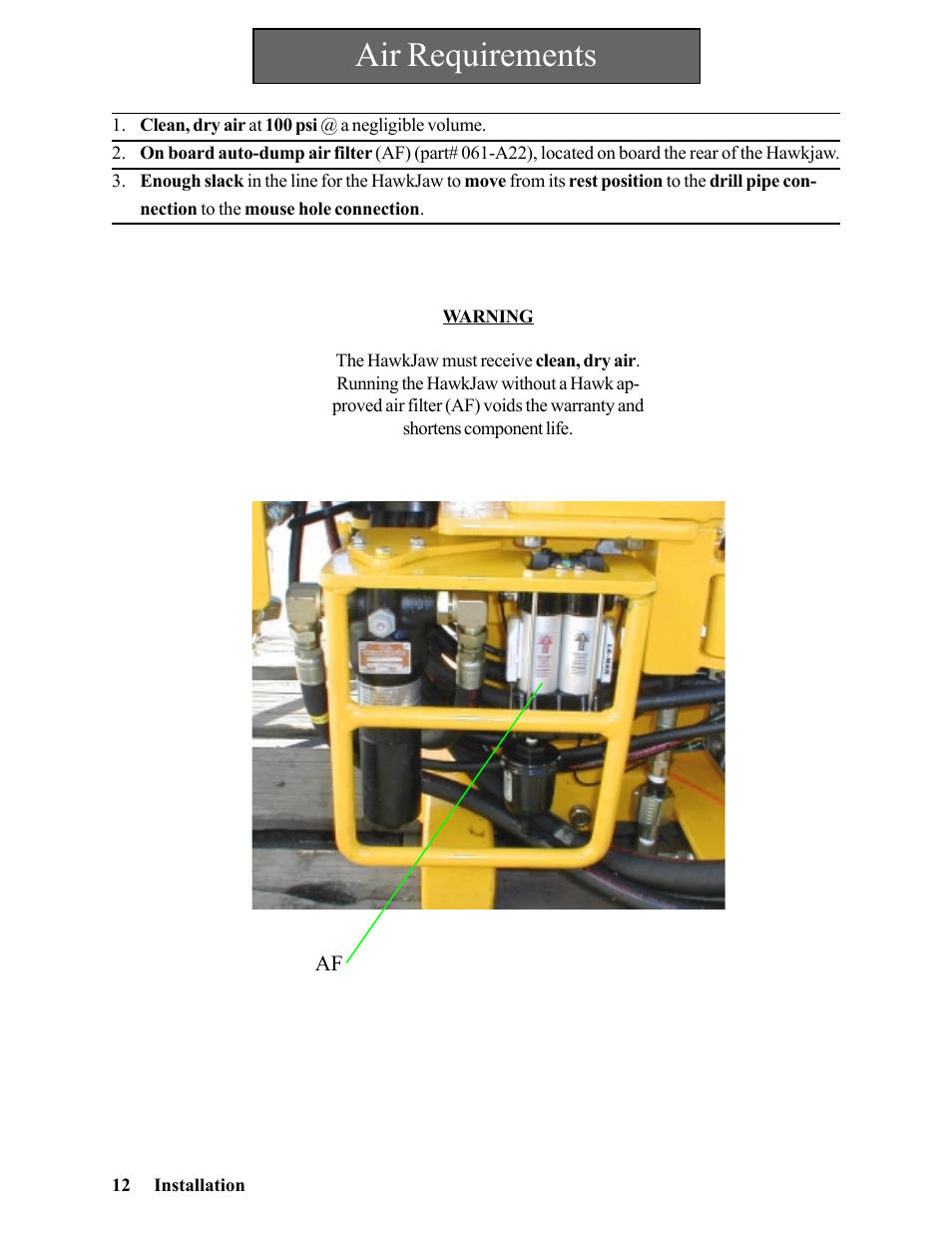 Air requirements | Hawk Industries Hawkjaw Jr. Manual 65K-2GJR Serial Numbers 21 to 32 User Manual | Page 12 / 147